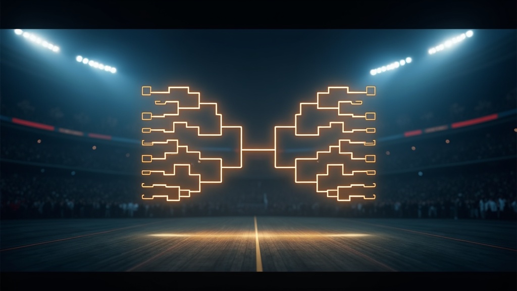 Glowing 48-team tournament bracket diagram floating in a dark stadium