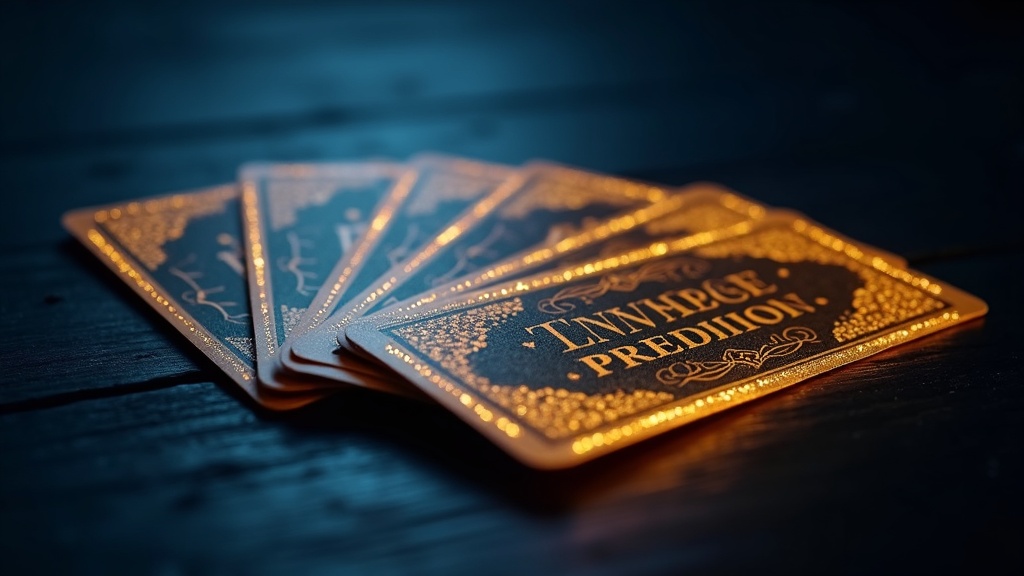 Five glowing prediction cards fanned out on a dark wooden surface