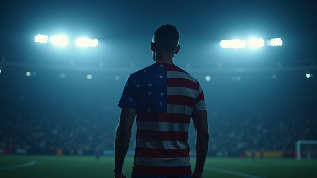 Soccer player silhouette in red white and blue jersey on a dark stadium pitch with floodlights